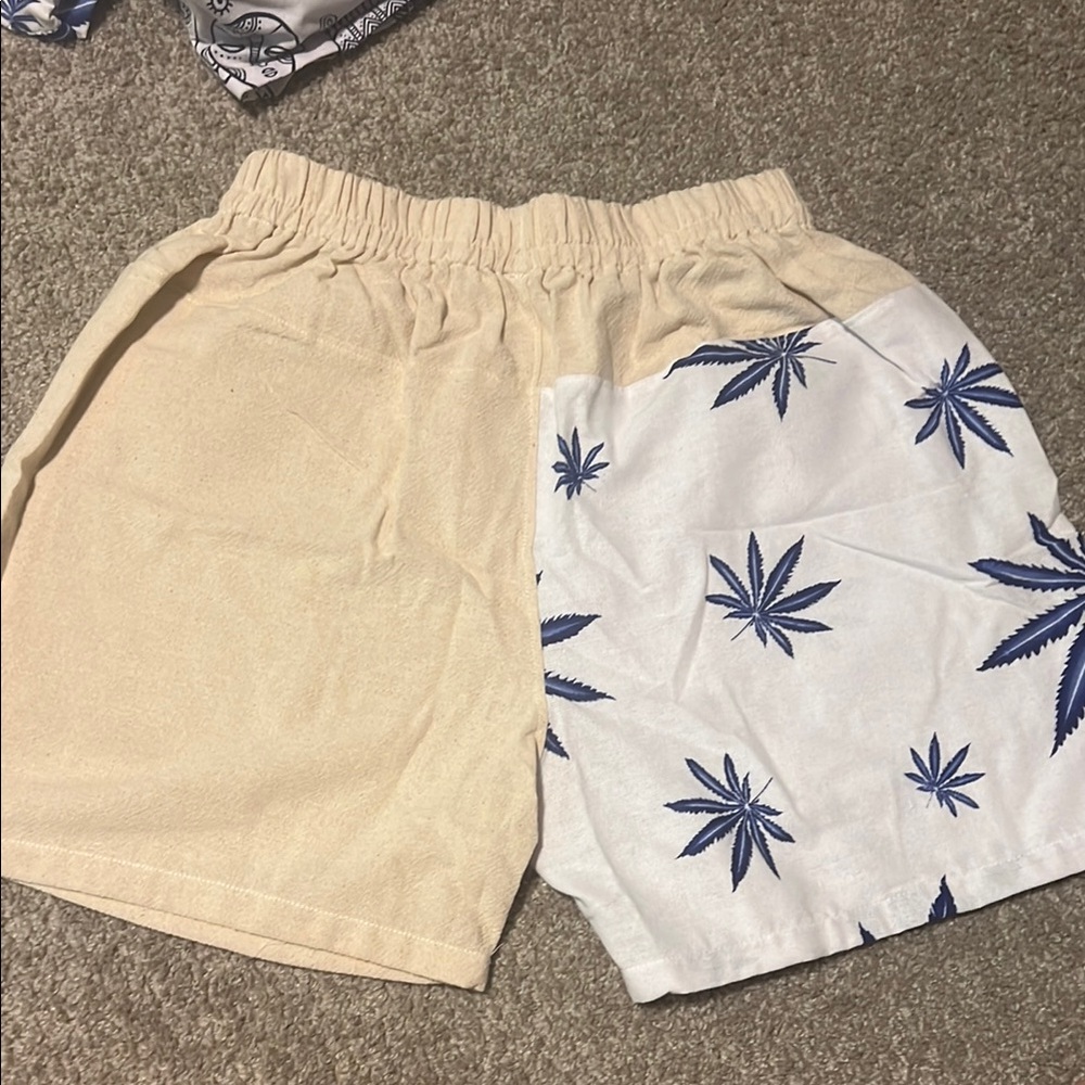 Beige and White Leaf Print Shorts